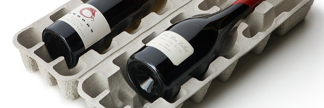 Opened 2-bottle eg carton shipper displaying 2 different sized bottles of wine