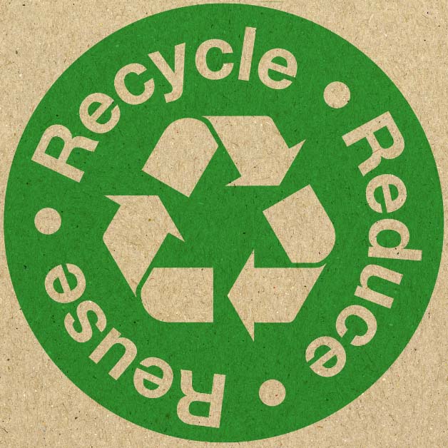 Green and brown "Recycle" "Reduce" and "Reuse" recycling logo