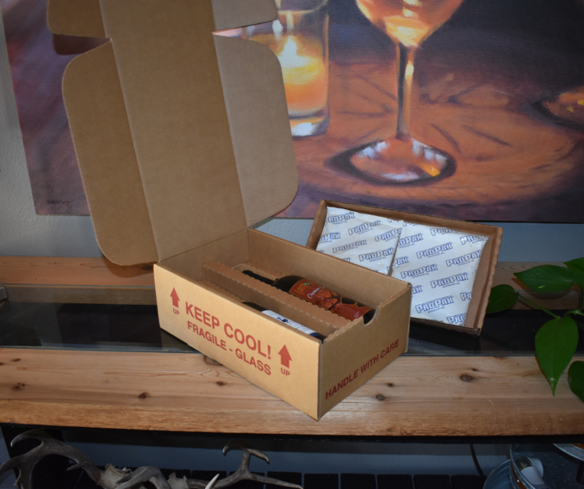 Image of 2 Bottle Cold Pack Wine Shipping Carton on a table.
